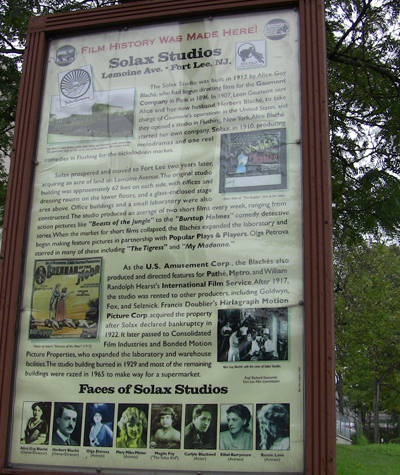 Sign on the Site of the Solax Studio in Fort Lee